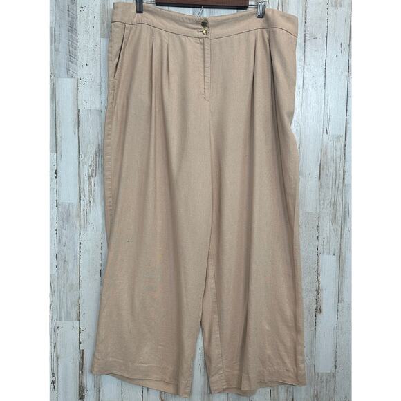 Anne Klein Linen Wide Leg Pants Size 14 Tan Cropped Coastal Beachy Preppy EUC - Picture 1 of 10